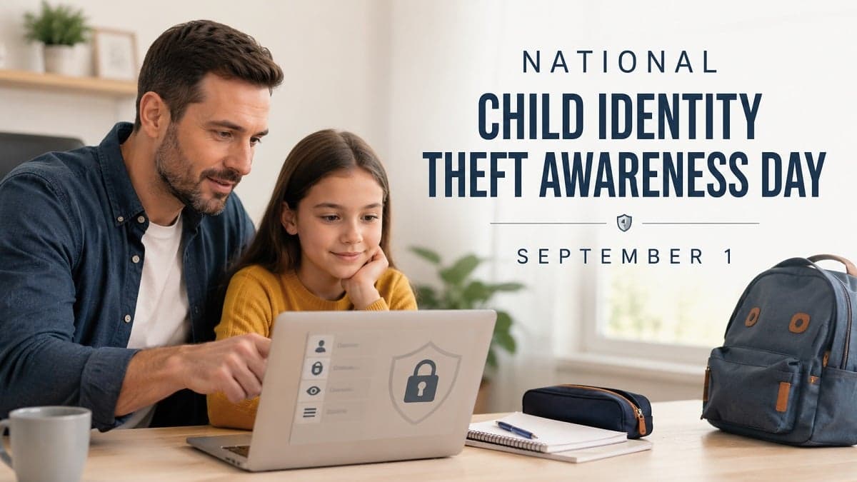 Parent and child reviewing online privacy on a laptop for National Child Identity Theft Awareness Day.